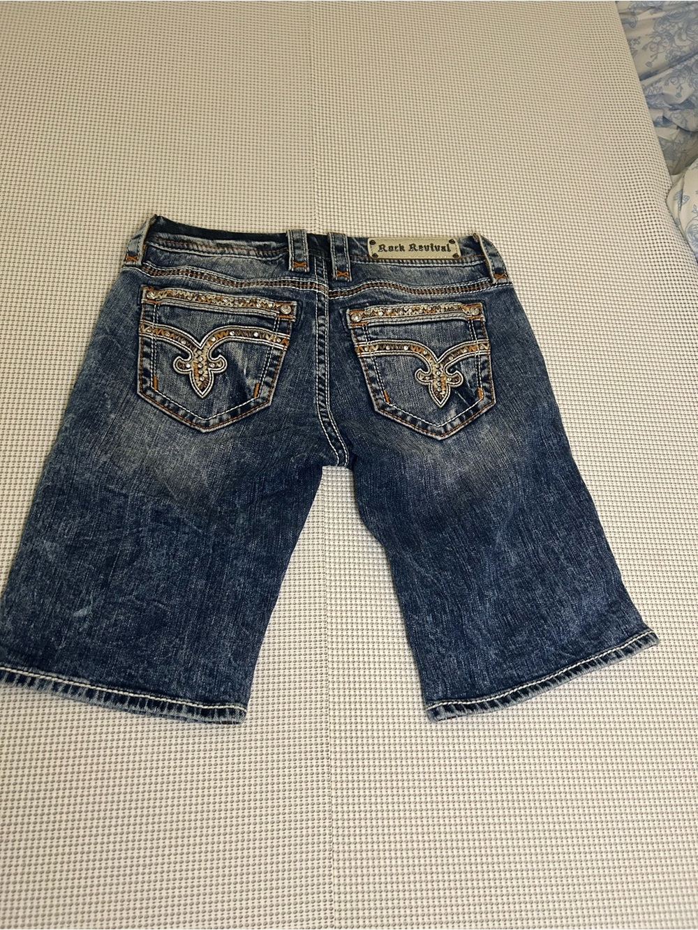 Rock Revival Blue Embroidered Back-Pocket Denim  short bermuda